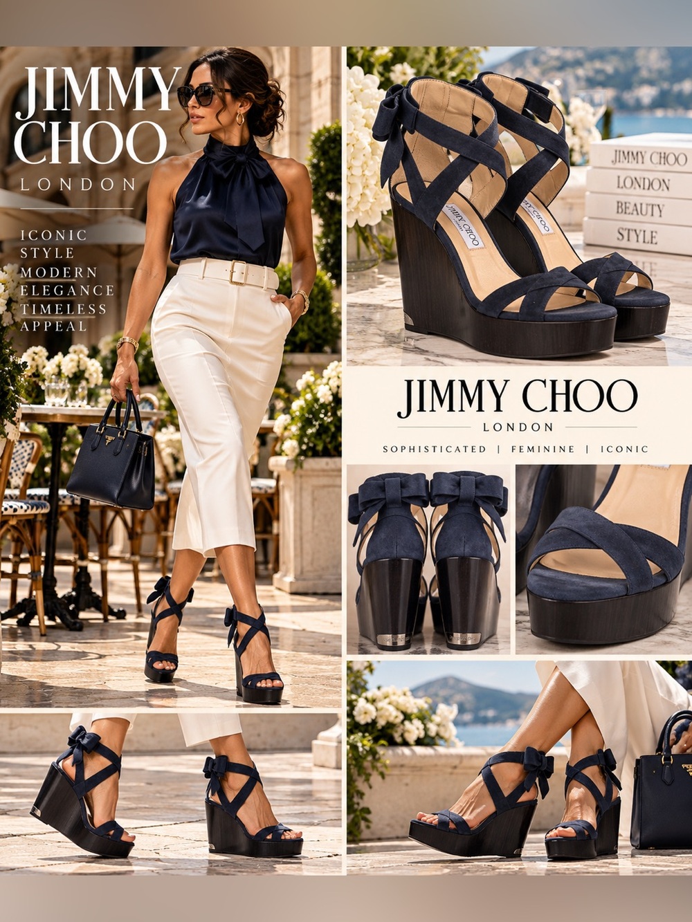 Jimmy Choo Navy Suede Bow Ankle Tie Wedge Sandals